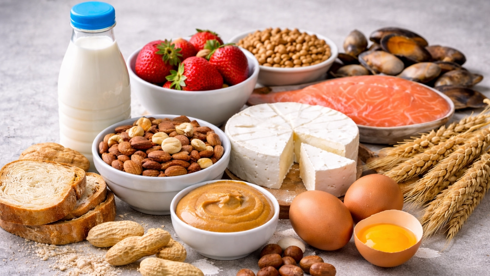 Frutta secca, latte e uova su tavolo in legno