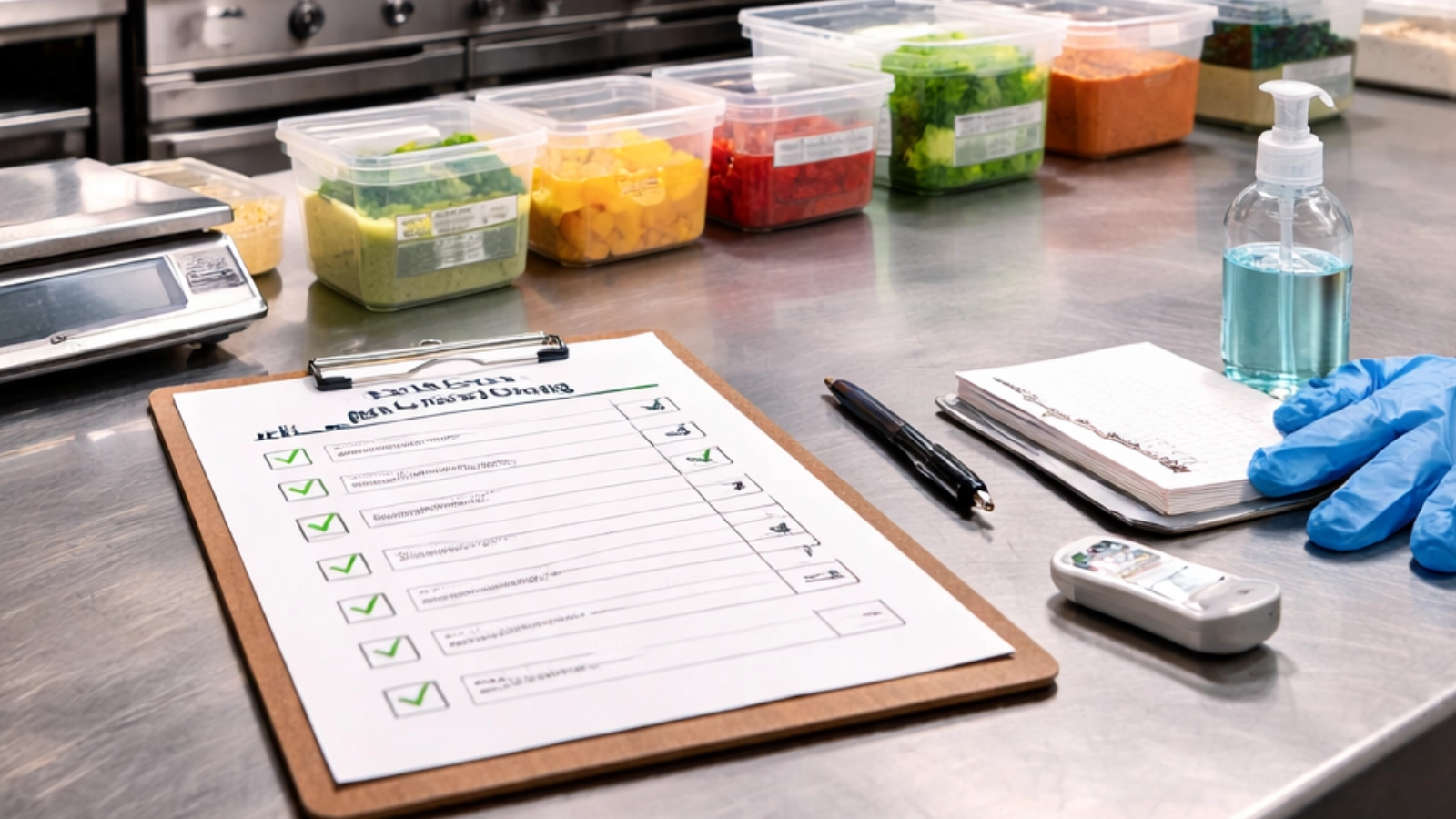 Ambiente professionale impeccabile con cucina industriale ordinata e conforme agli standard igienico-sanitari