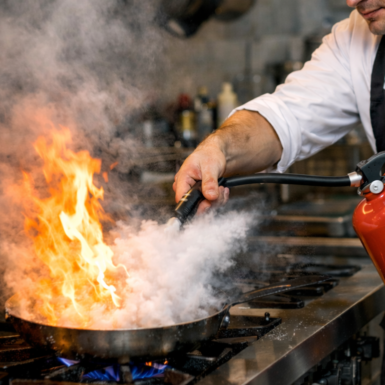 Istruttore mostra lo spegnimento di un principio di incendio in una cucina nell'ambito di un Corso Antincendio a Cagliari.