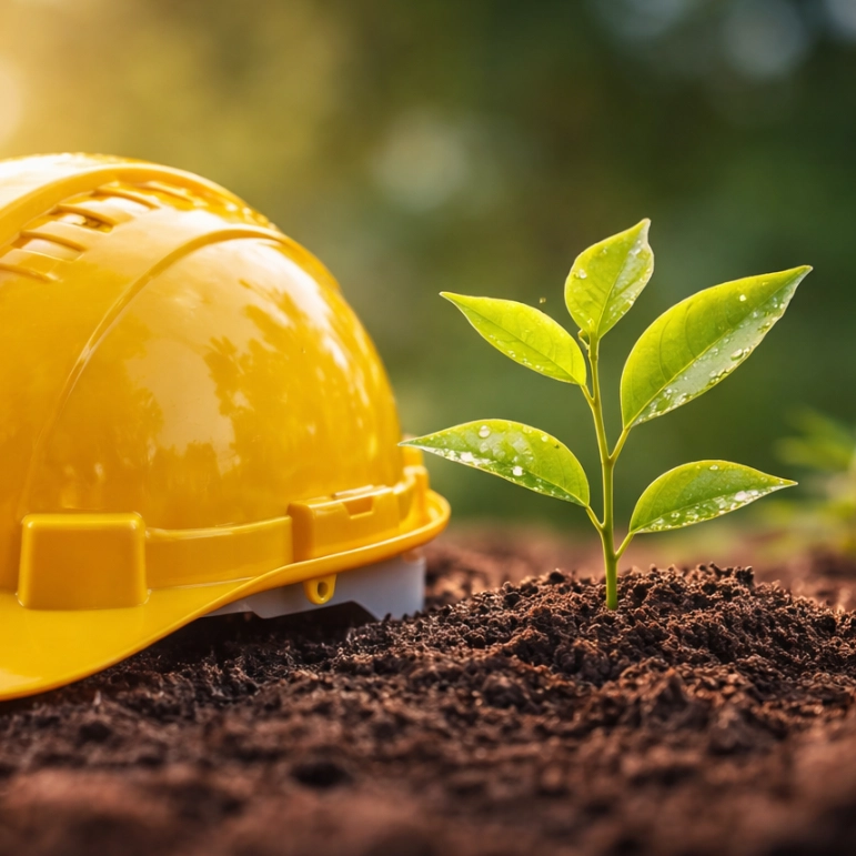 Casco da lavoro accanto a una piantina che cresce nel terreno che rappresenta la volontà di TCertifico nell'accompagnare aziende e professionisti in un percorso di regolamentazione del lavoro.