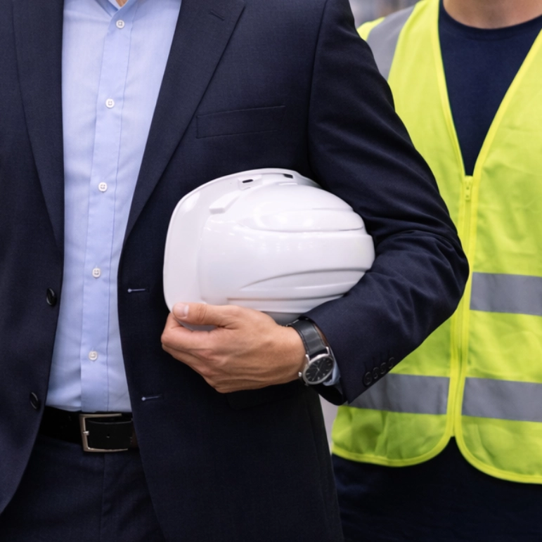Datore di lavoro in possesso di abilitazione RSPP mentre tiene un casco bianco in mano.