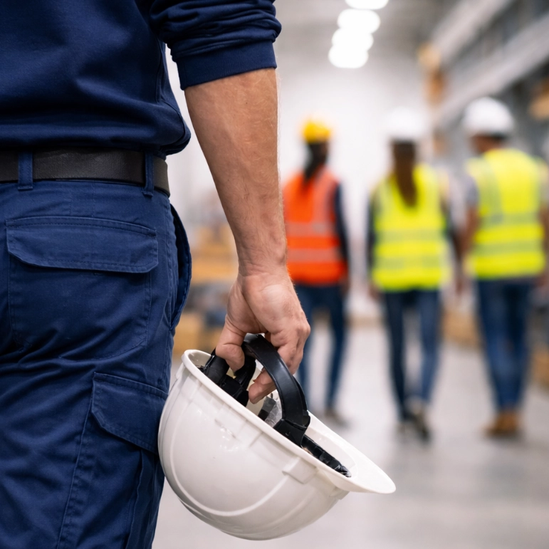Lavoratore con casco da lavoro in mano