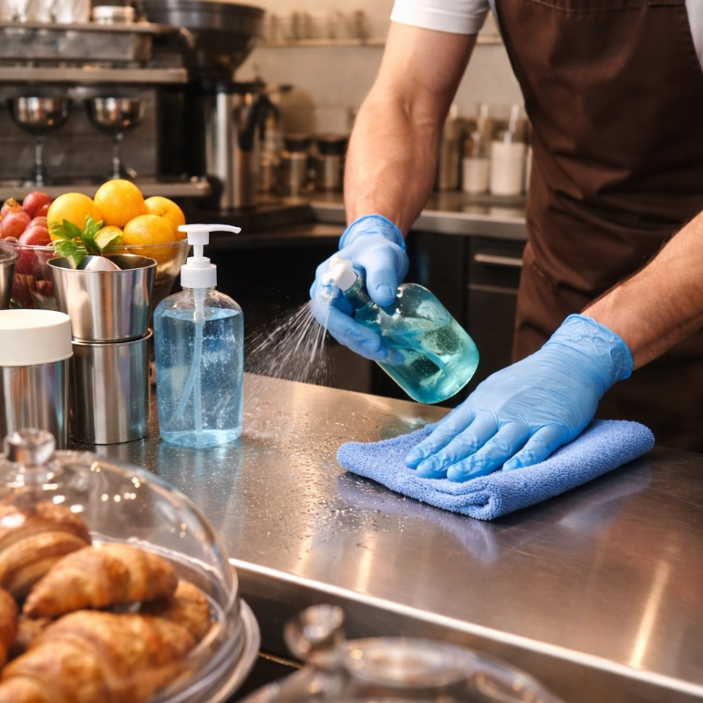 Barista pulisce banco bar secondo le norme sull'igiene alimentare descritte nel DVR Bar.