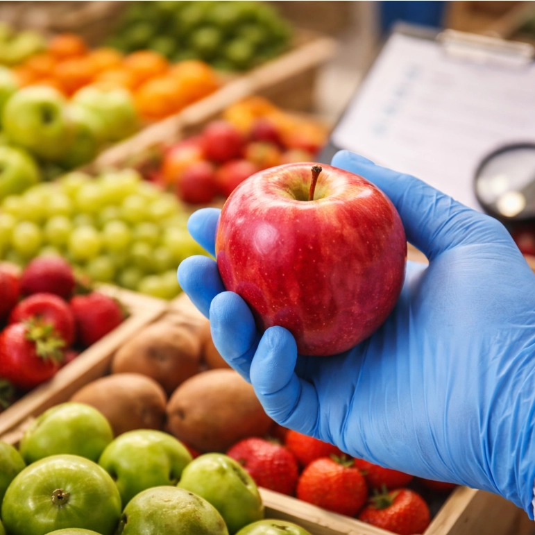 Foto di una mano con guanto che tiene una mela durante la redazione di un Manuale HACCP a Cagliari.