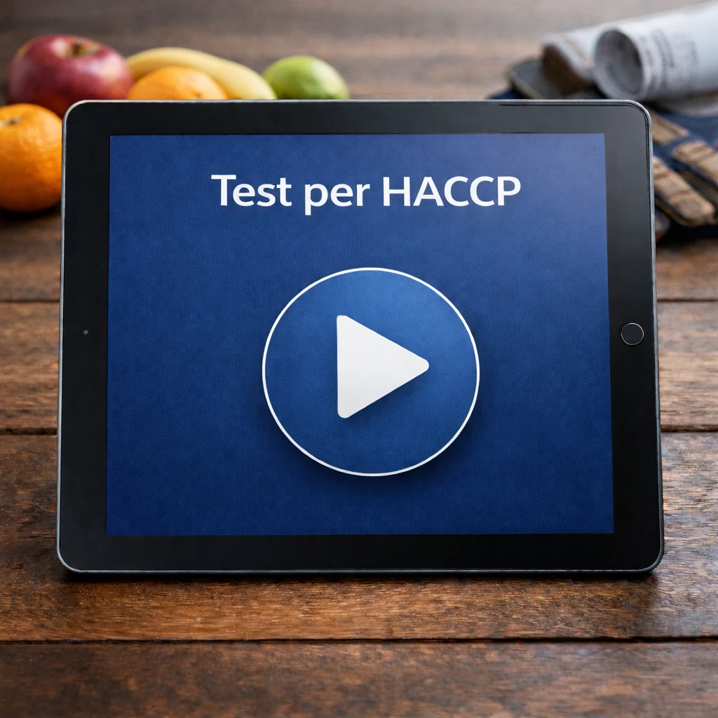 Tablet che mostra un'icona 'play' per iniziare un test per haccp online gratis.